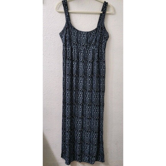 FRESH PRODUCE Dress Womens L Maxi Navy Blue Smocked Jersey Knit Sundress Resort - Picture 1 of 9